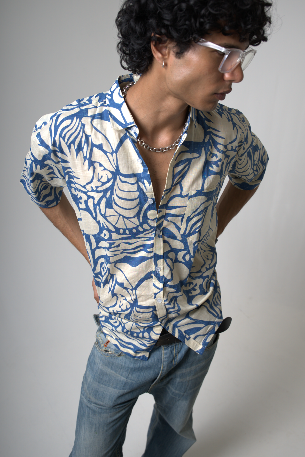 Blue Tropical Print Cotton Shirt dripkaar.com