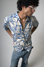 Blue Tropical Print Cotton Shirt dripkaar.com