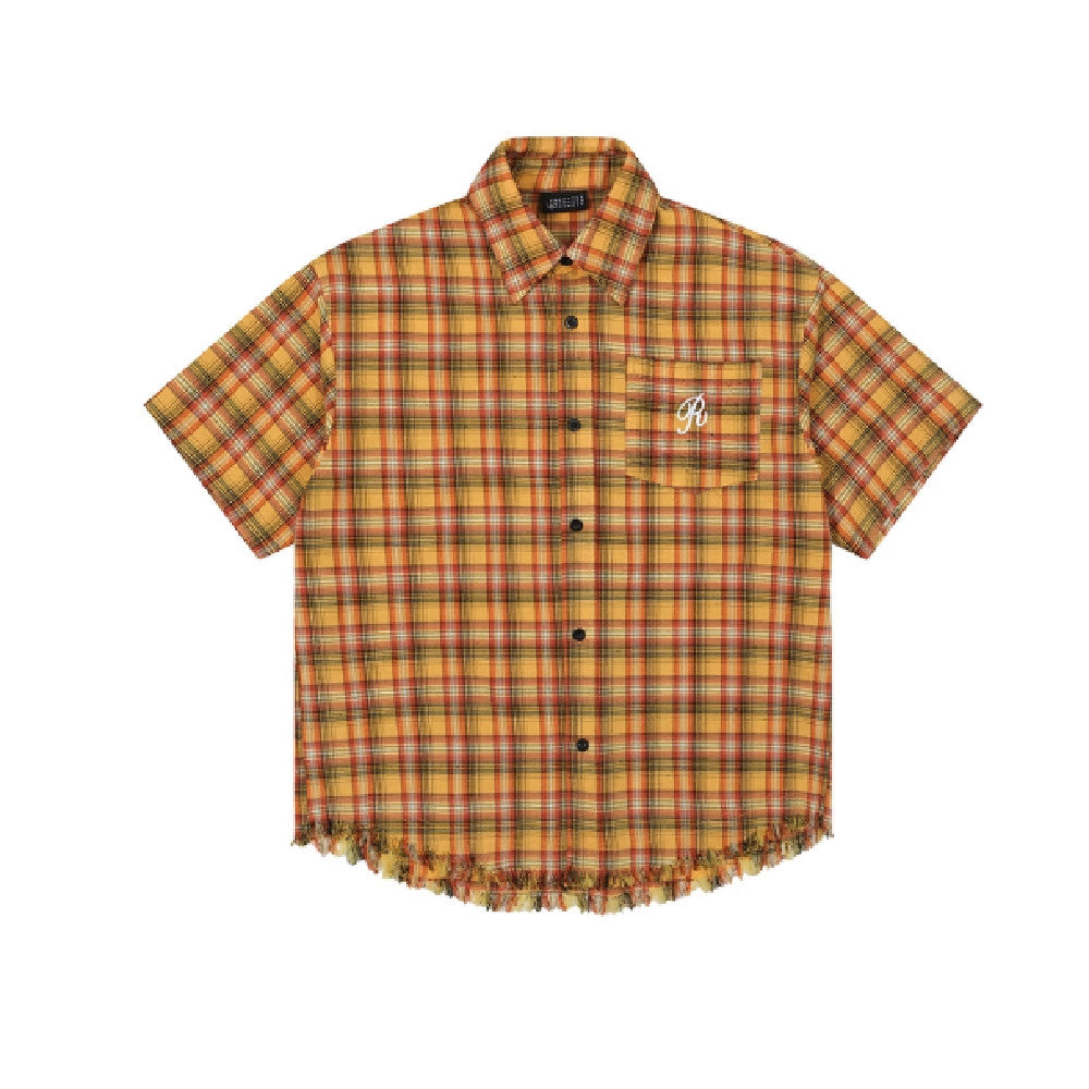 Embroidery Yellow Short Sleeve Plaid Shirt dripkaar.com
