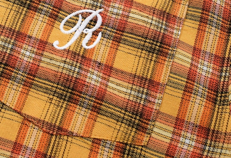 Embroidery Yellow Short Sleeve Plaid Shirt dripkaar.com
