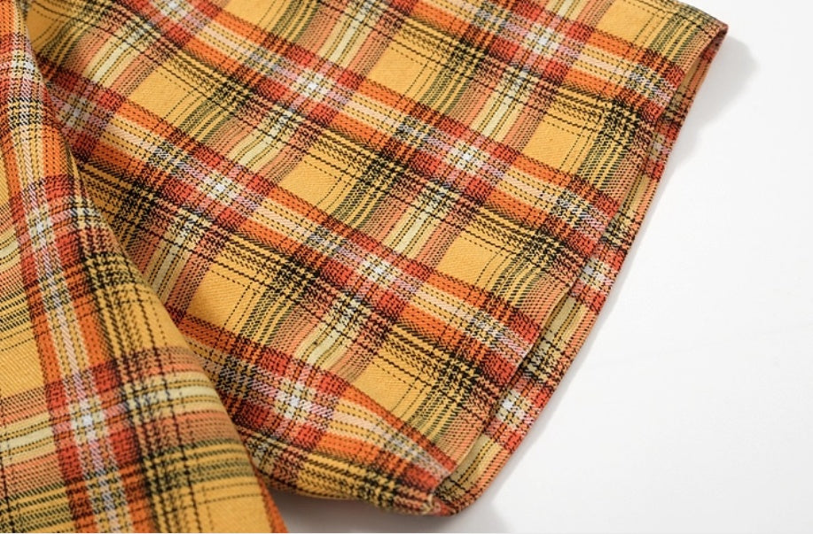 Embroidery Yellow Short Sleeve Plaid Shirt dripkaar.com