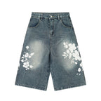 High-street Design Lace Print Slimming Wide-leg Cropped Pants