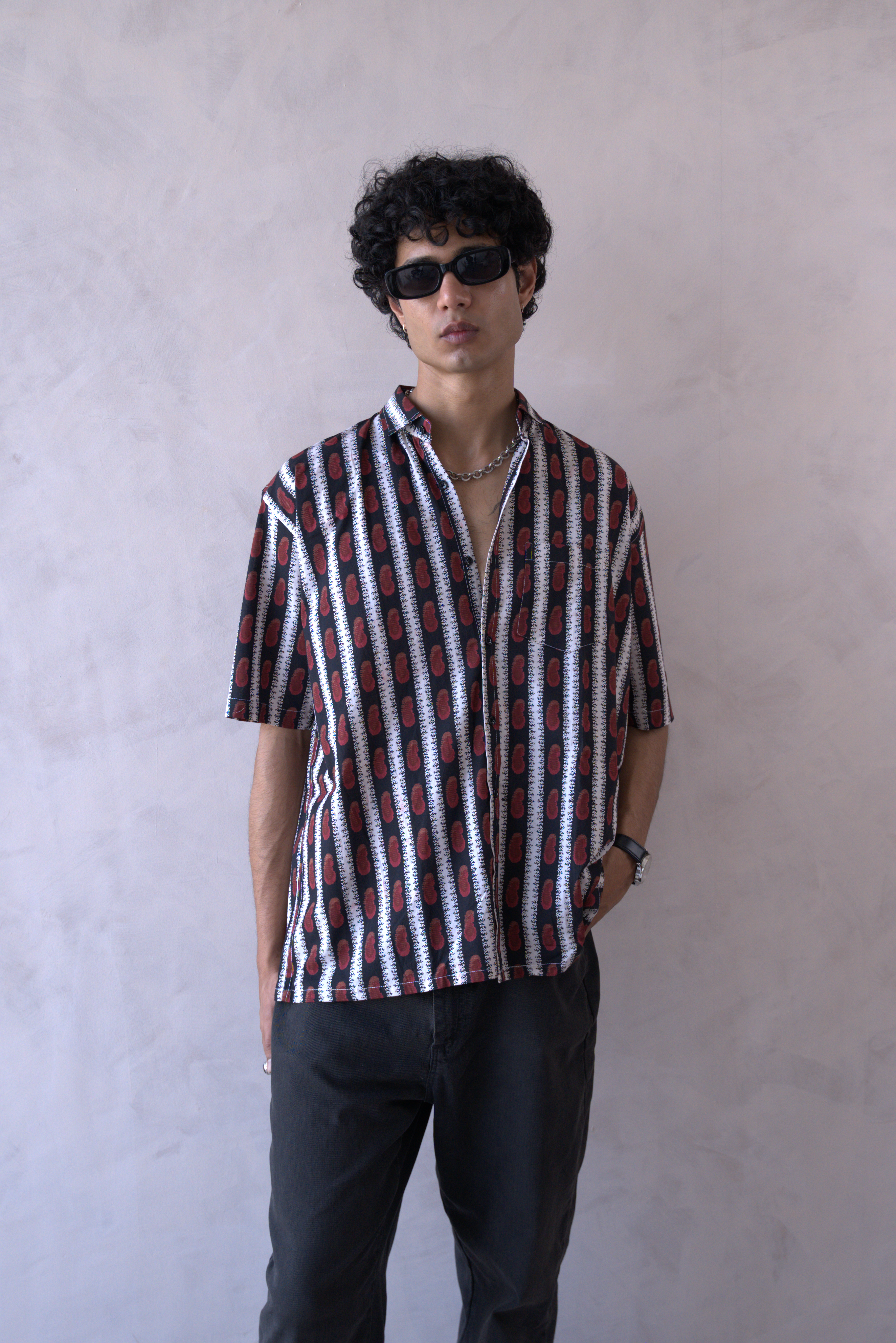 Men Black Red Printed Short Sleeve Shirt for Summer Casual Style dripkaar.com