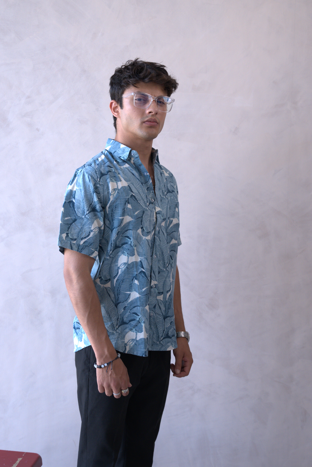 Men Teal Blue Leaf Print Short Sleeve Shirt for Summer and Resort Wear dripkaar.com