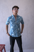Men Teal Blue Leaf Print Short Sleeve Shirt for Summer and Resort Wear dripkaar.com