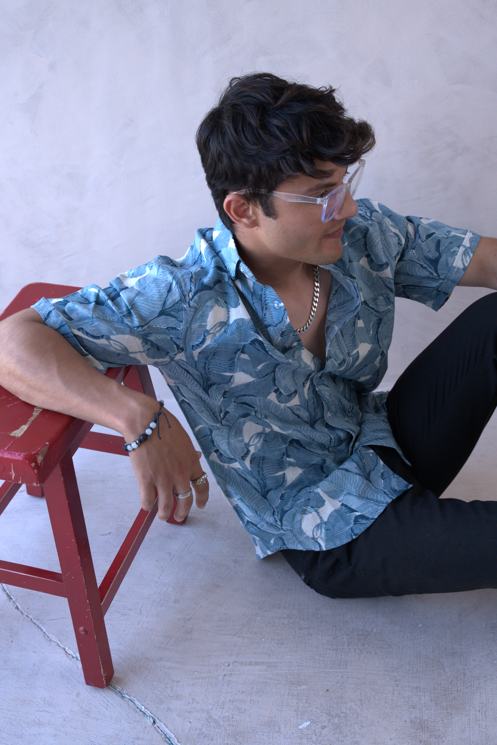 Men Teal Blue Leaf Print Short Sleeve Shirt for Summer and Resort Wear dripkaar.com