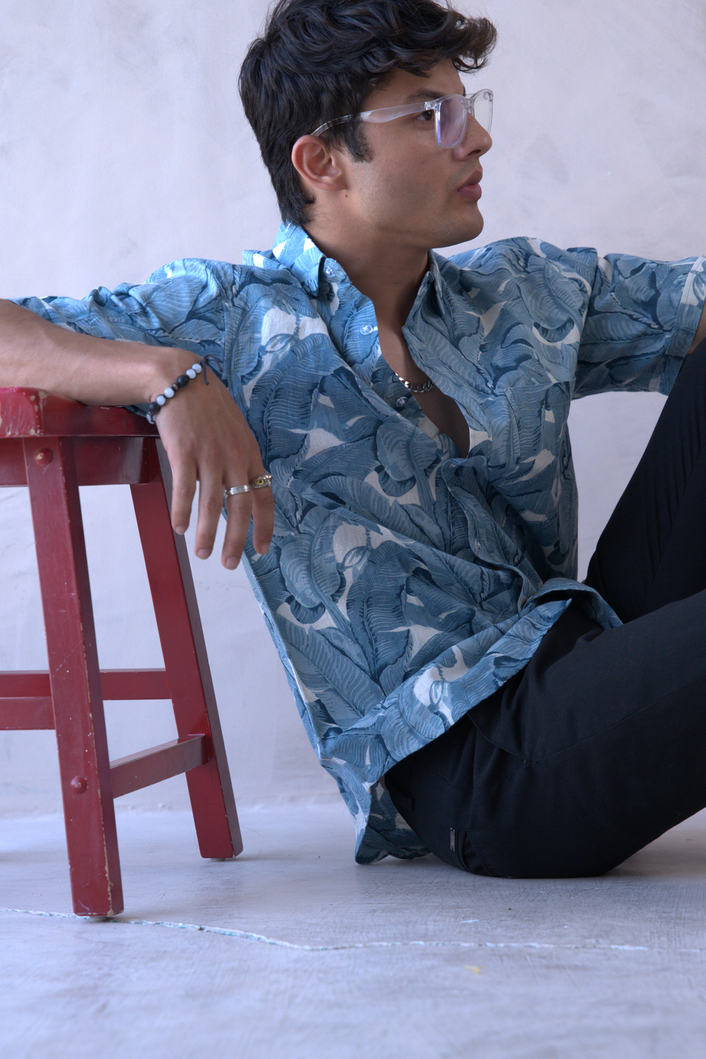 Men Teal Blue Leaf Print Short Sleeve Shirt for Summer and Resort Wear dripkaar.com