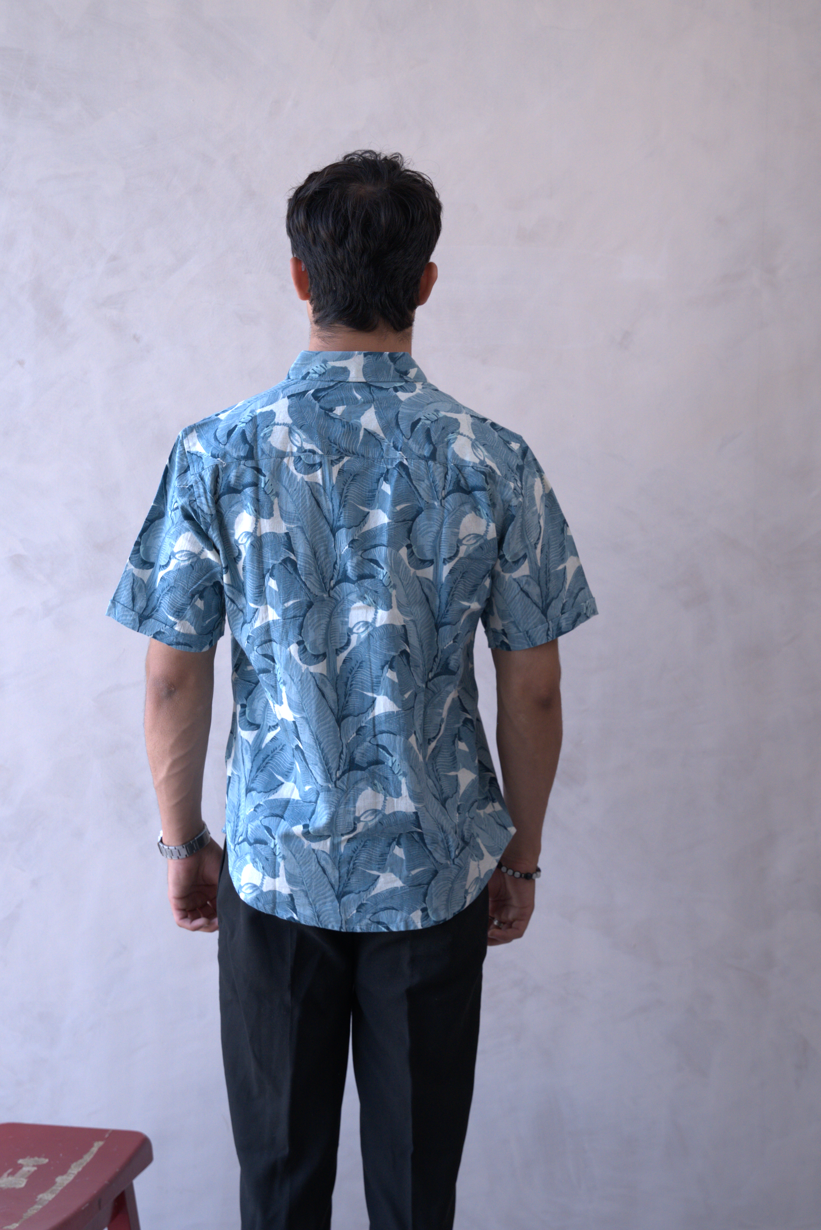 Men Teal Blue Leaf Print Short Sleeve Shirt for Summer and Resort Wear dripkaar.com