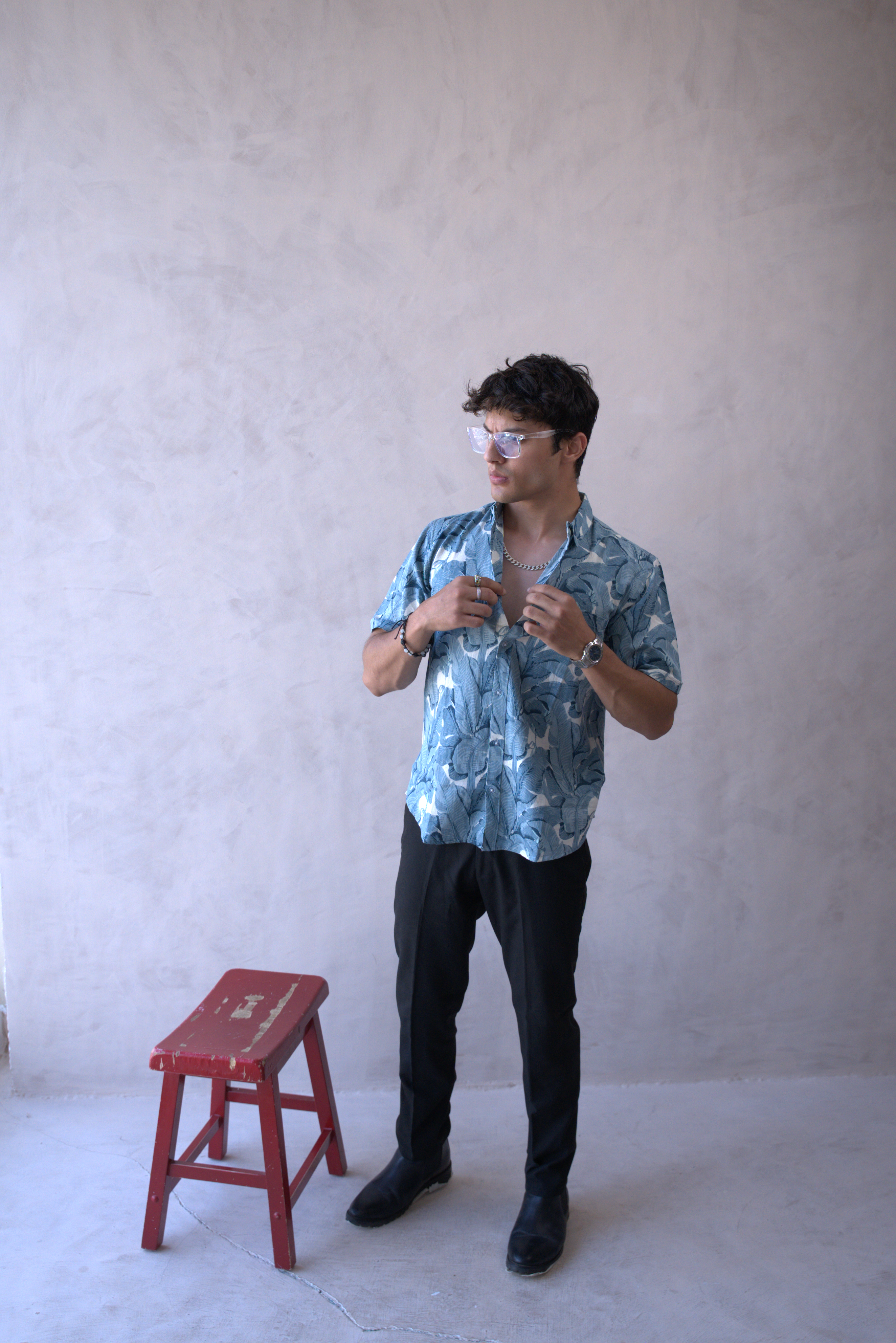 Men Teal Blue Leaf Print Short Sleeve Shirt for Summer and Resort Wear dripkaar.com