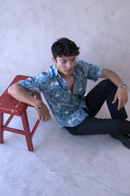 Men Teal Blue Leaf Print Short Sleeve Shirt for Summer and Resort Wear dripkaar.com