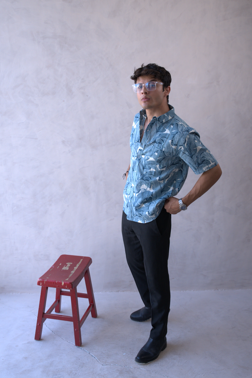 Men Teal Blue Leaf Print Short Sleeve Shirt for Summer and Resort Wear dripkaar.com