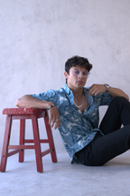 Men Teal Blue Leaf Print Short Sleeve Shirt for Summer and Resort Wear dripkaar.com