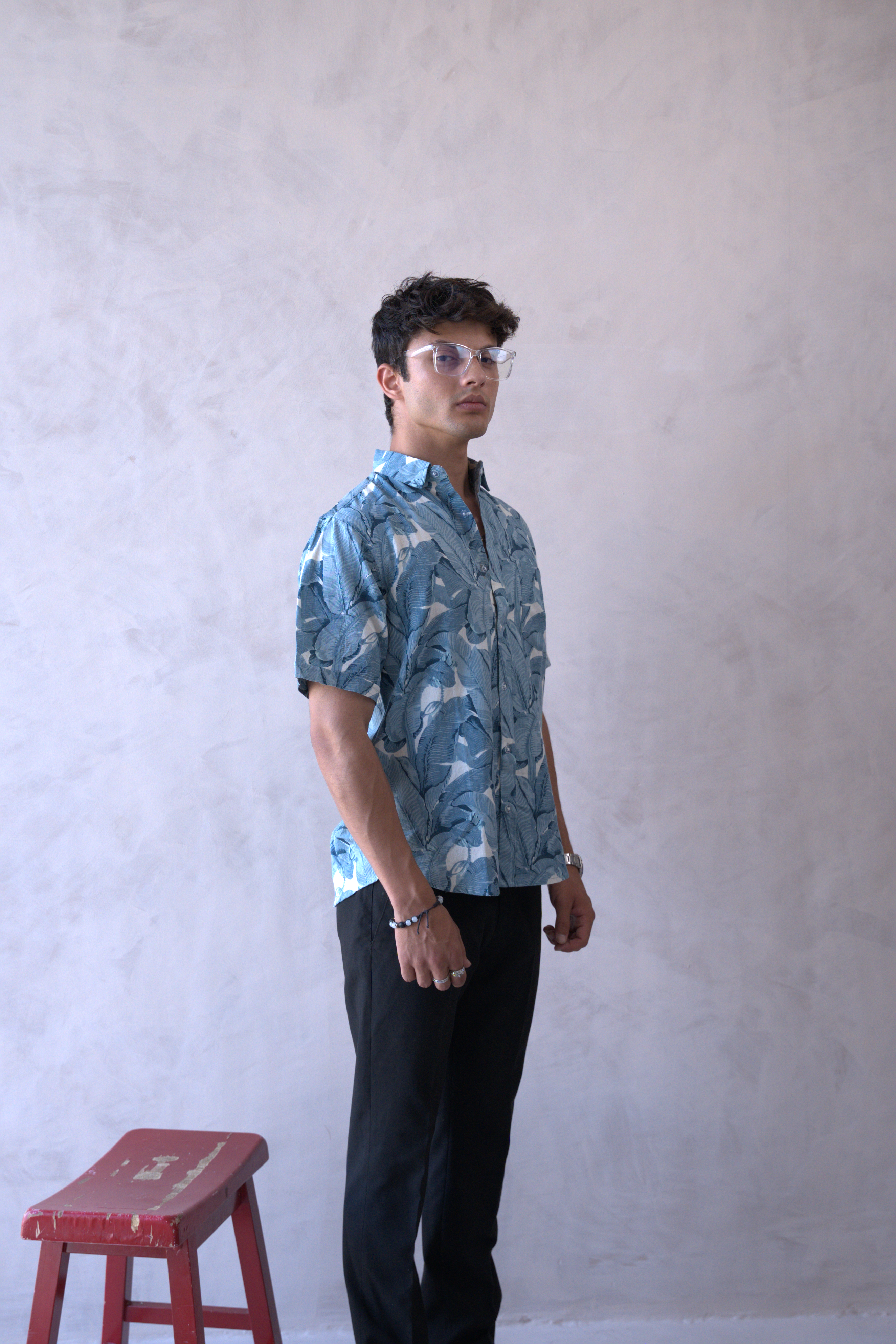 Men Teal Blue Leaf Print Short Sleeve Shirt for Summer and Resort Wear dripkaar.com