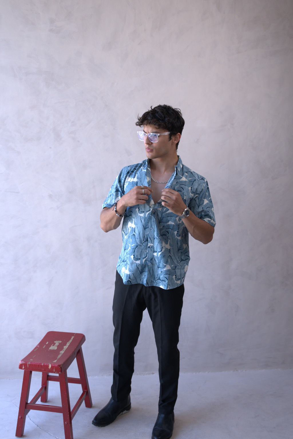 Men Teal Blue Leaf Print Short Sleeve Shirt for Summer and Resort Wear dripkaar.com