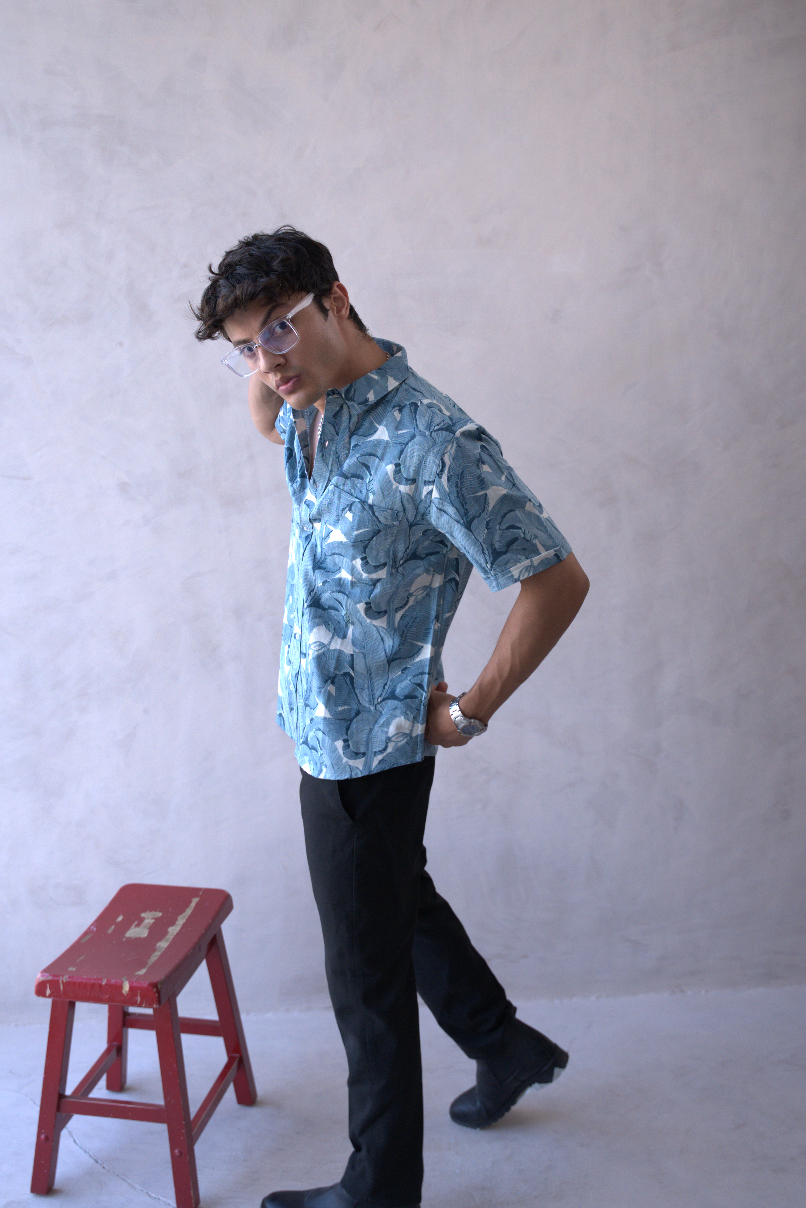 Men Teal Blue Leaf Print Short Sleeve Shirt for Summer and Resort Wear dripkaar.com