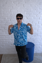 Men Teal Blue Leaf Print Short Sleeve Shirt for Summer and Resort Wear dripkaar.com