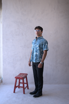 Men Teal Blue Leaf Print Short Sleeve Shirt for Summer and Resort Wear dripkaar.com