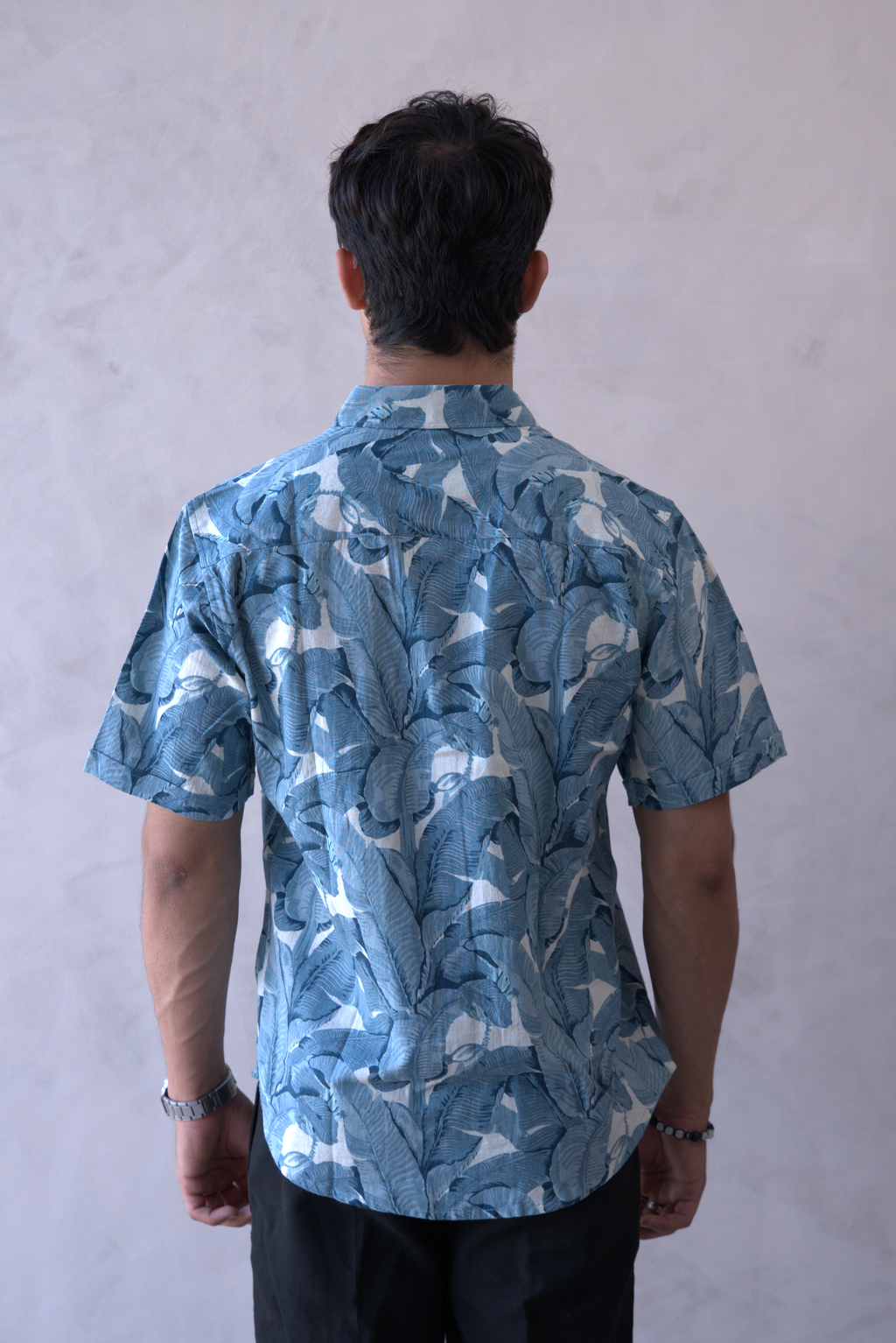 Men Teal Blue Leaf Print Short Sleeve Shirt for Summer and Resort Wear dripkaar.com