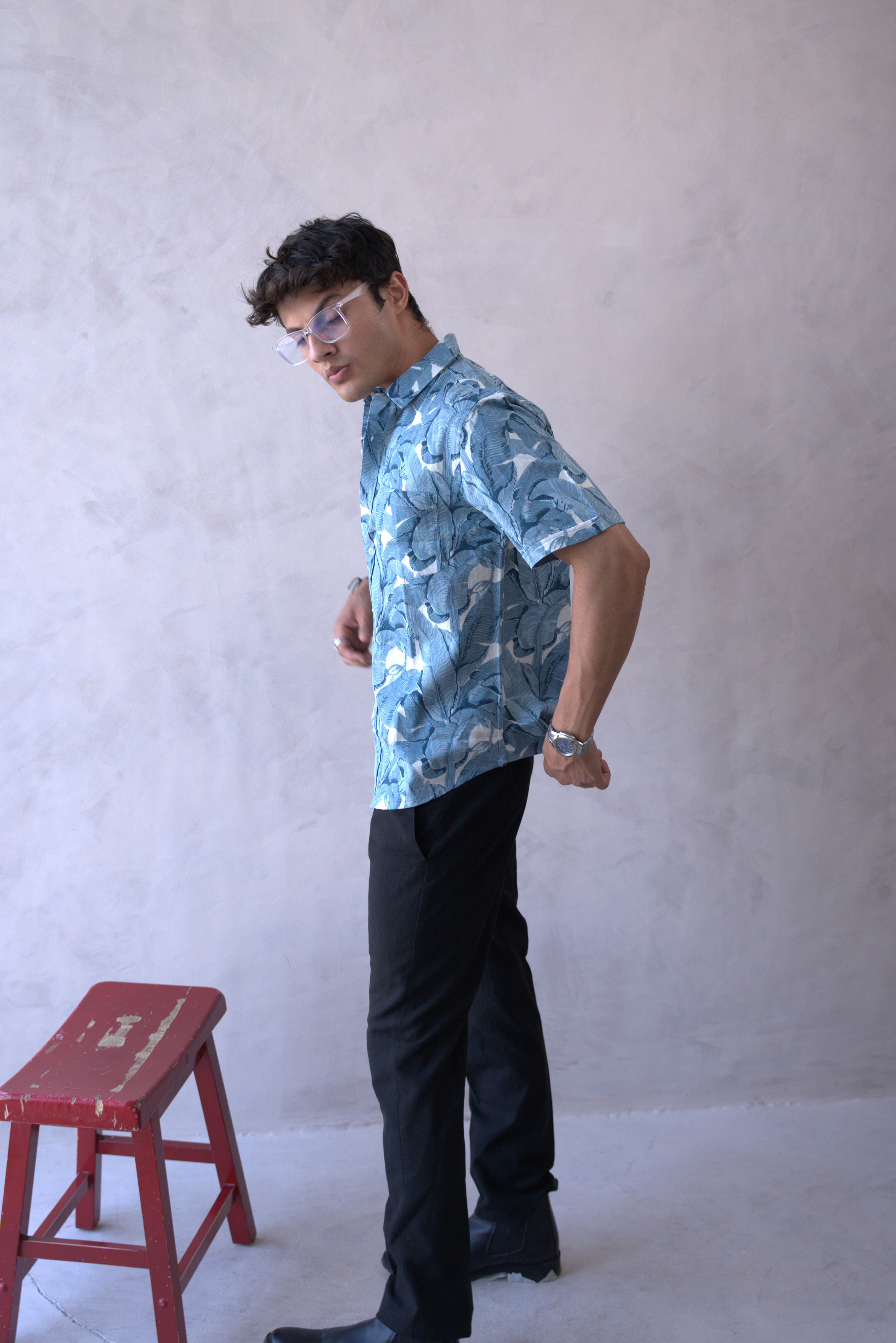 Men Teal Blue Leaf Print Short Sleeve Shirt for Summer and Resort Wear dripkaar.com