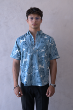 Men Teal Blue Leaf Print Short Sleeve Shirt for Summer and Resort Wear dripkaar.com