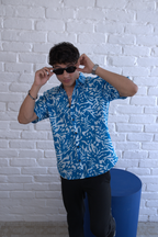 Men Teal Blue Leaf Print Short Sleeve Shirt for Summer and Resort Wear dripkaar.com