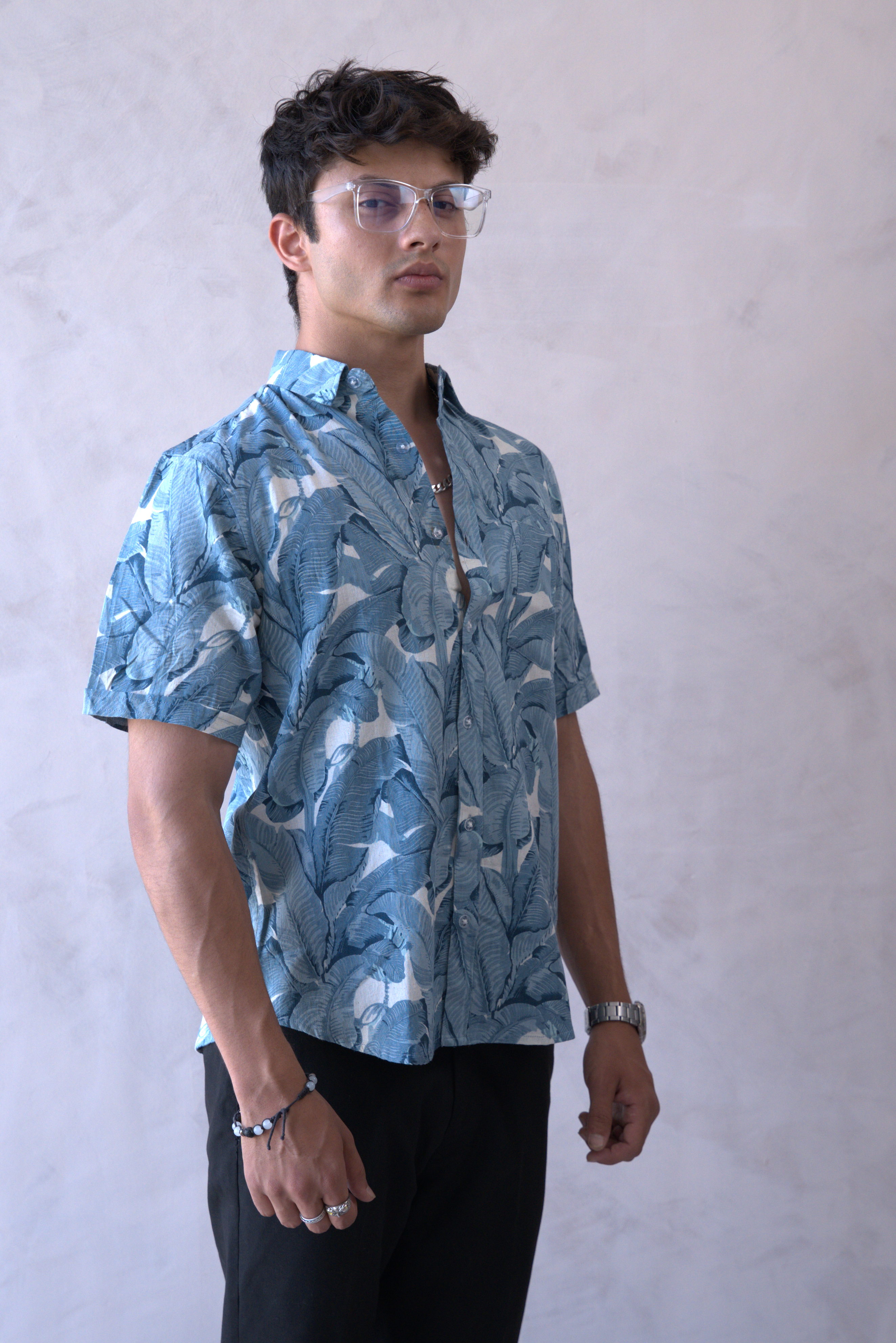 Men Teal Blue Leaf Print Short Sleeve Shirt for Summer and Resort Wear dripkaar.com