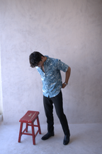 Men Teal Blue Leaf Print Short Sleeve Shirt for Summer and Resort Wear dripkaar.com