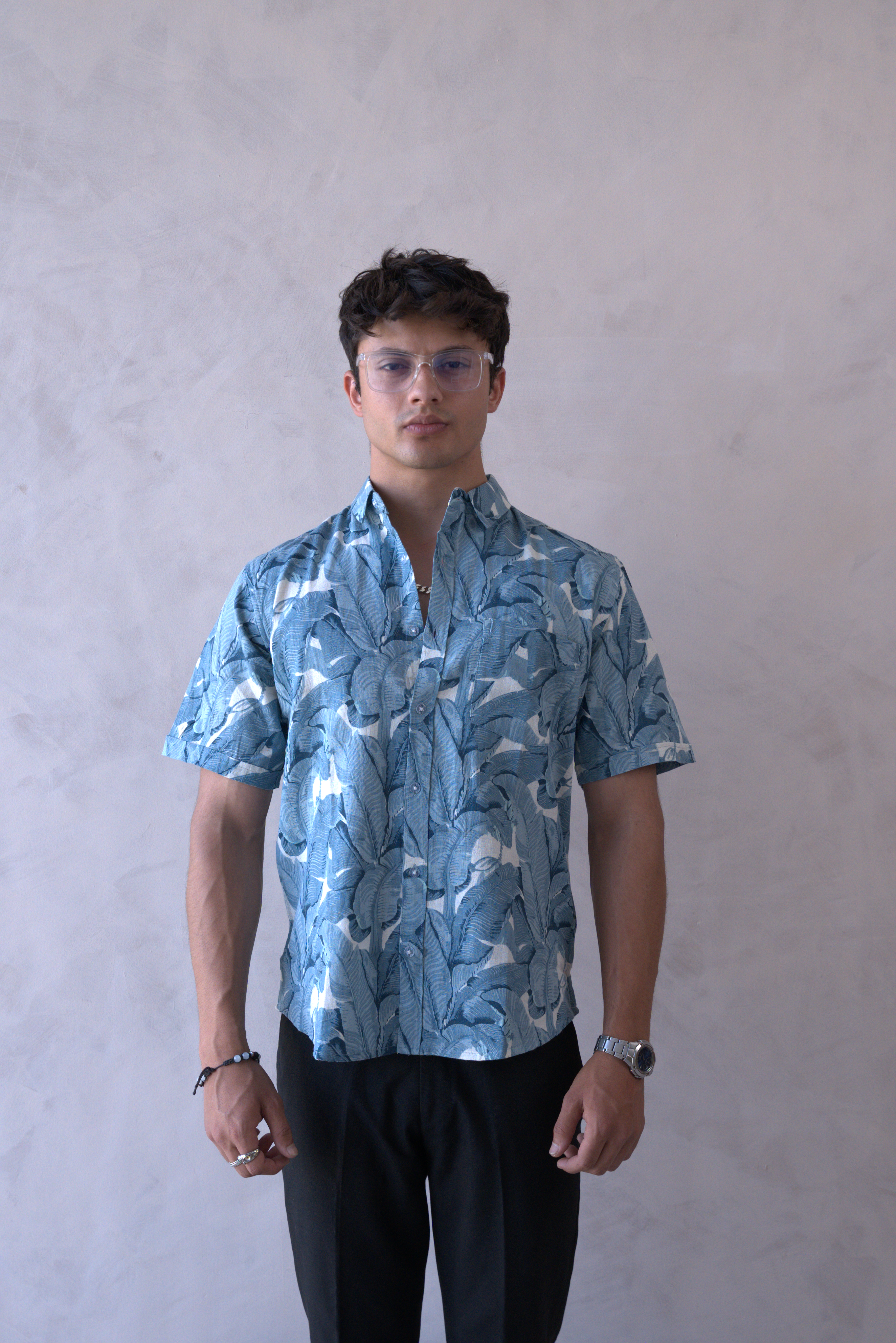 Men Teal Blue Leaf Print Short Sleeve Shirt for Summer and Resort Wear dripkaar.com