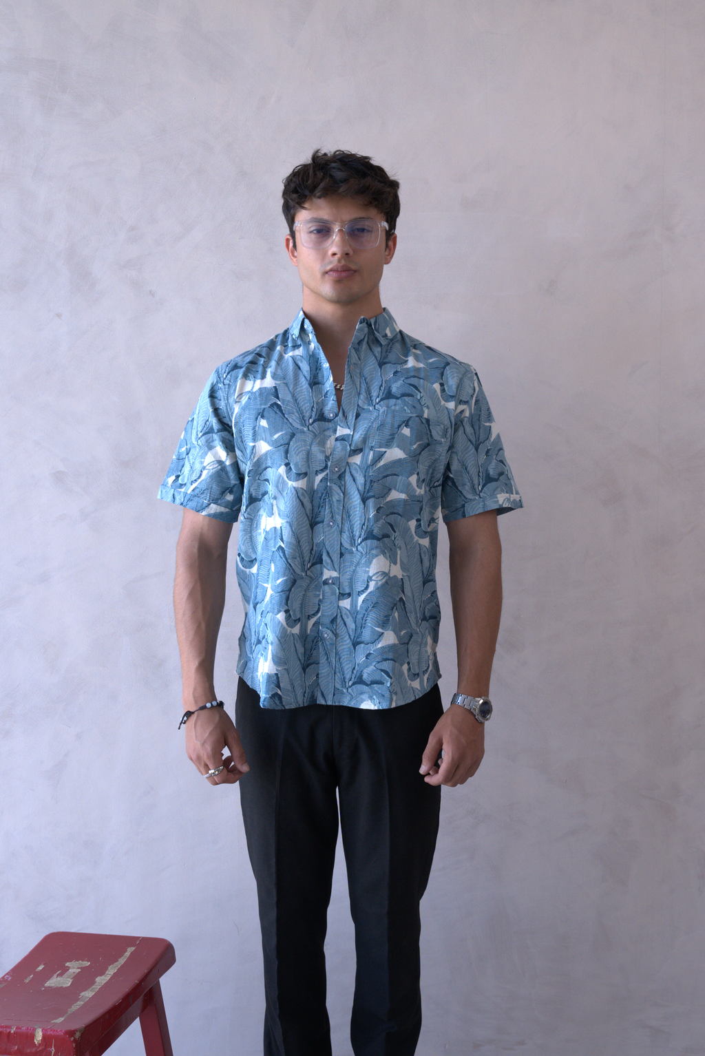 Men Teal Blue Leaf Print Short Sleeve Shirt for Summer and Resort Wear dripkaar.com