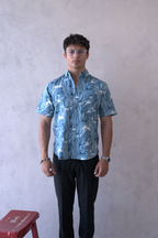 Men Teal Blue Leaf Print Short Sleeve Shirt for Summer and Resort Wear dripkaar.com