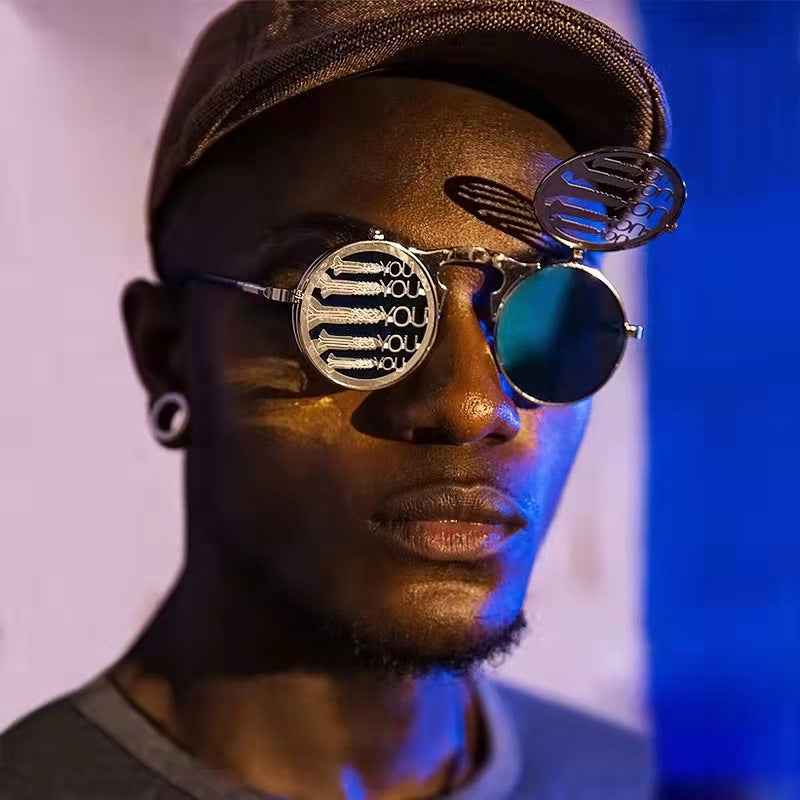 Party Retro Metal Punk Steam Flip Sunglasses dripkaar.com