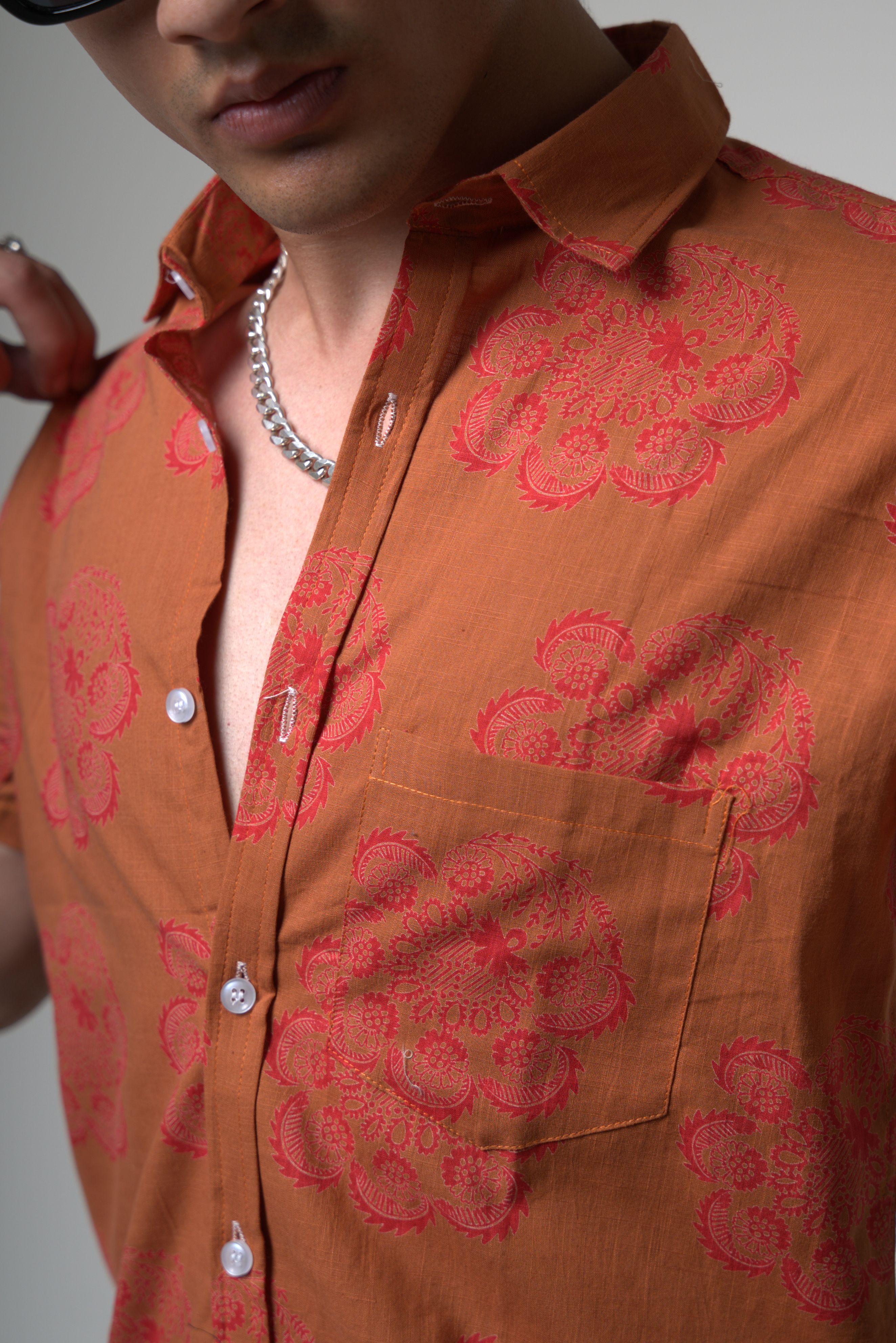 Sienna Sunset Paisley Print Cuban Collar Shirt dripkaar.com