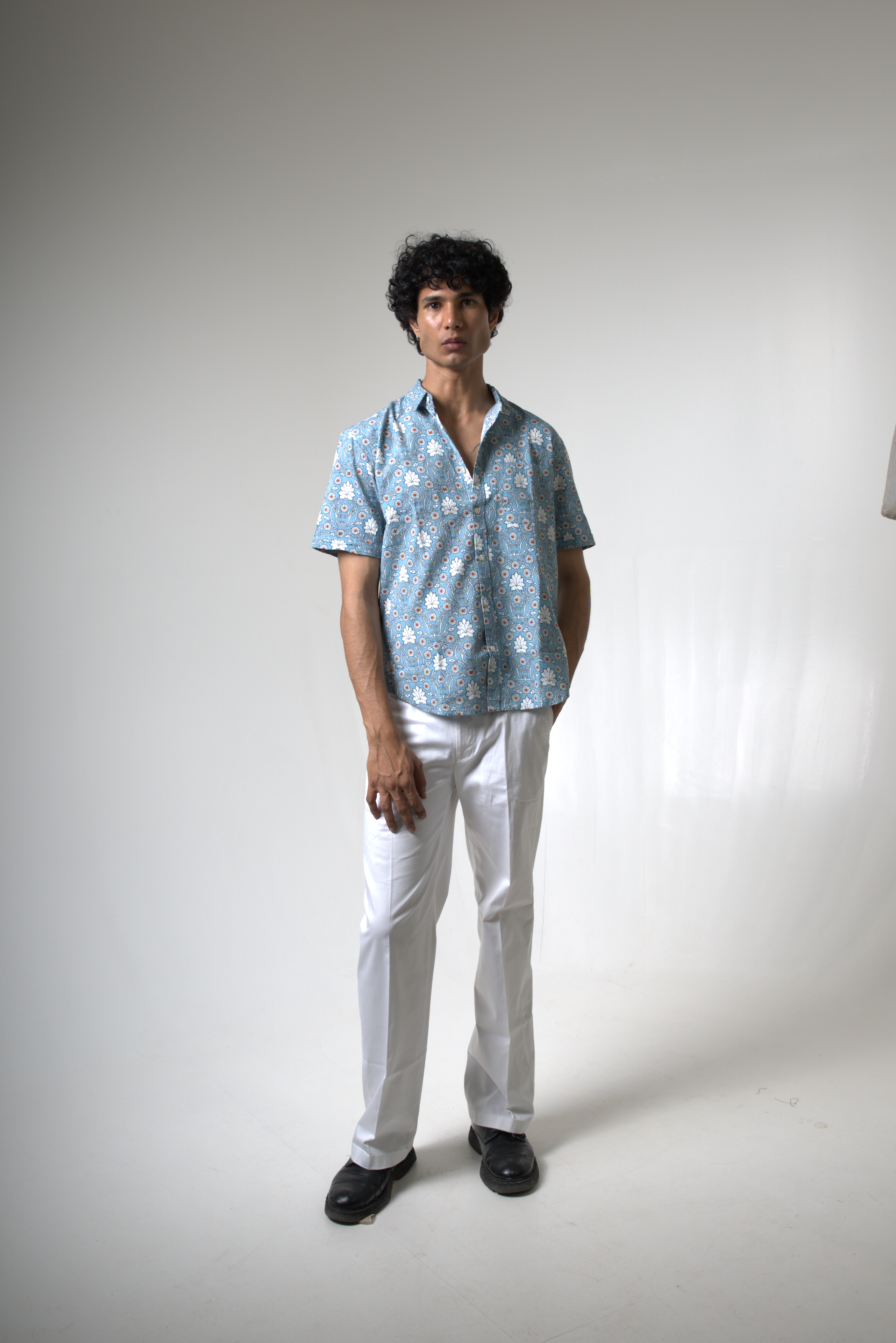 Vintage Sky Blue Floral Print Vacation Shirt dripkaar.com