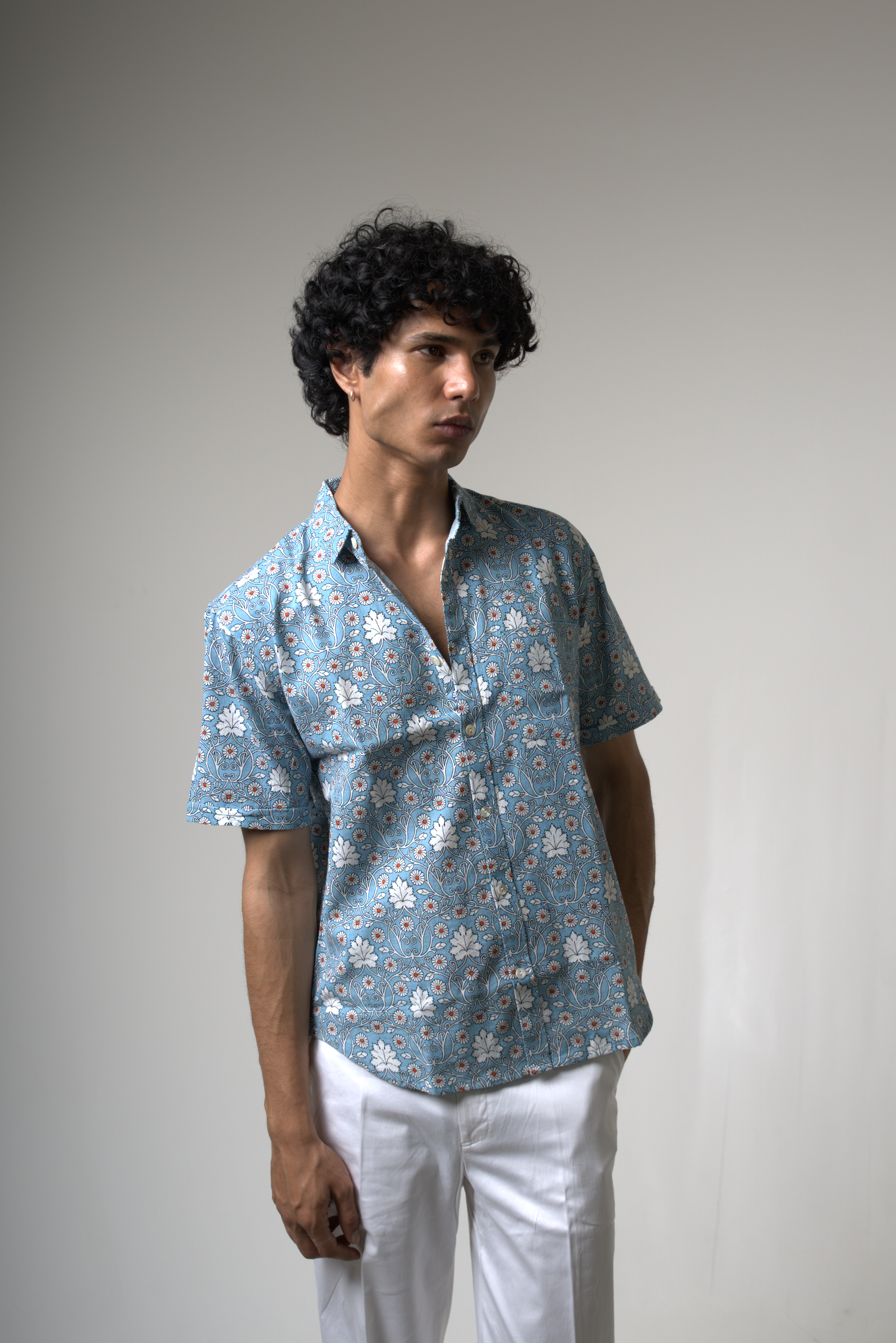 Vintage Sky Blue Floral Print Vacation Shirt dripkaar.com