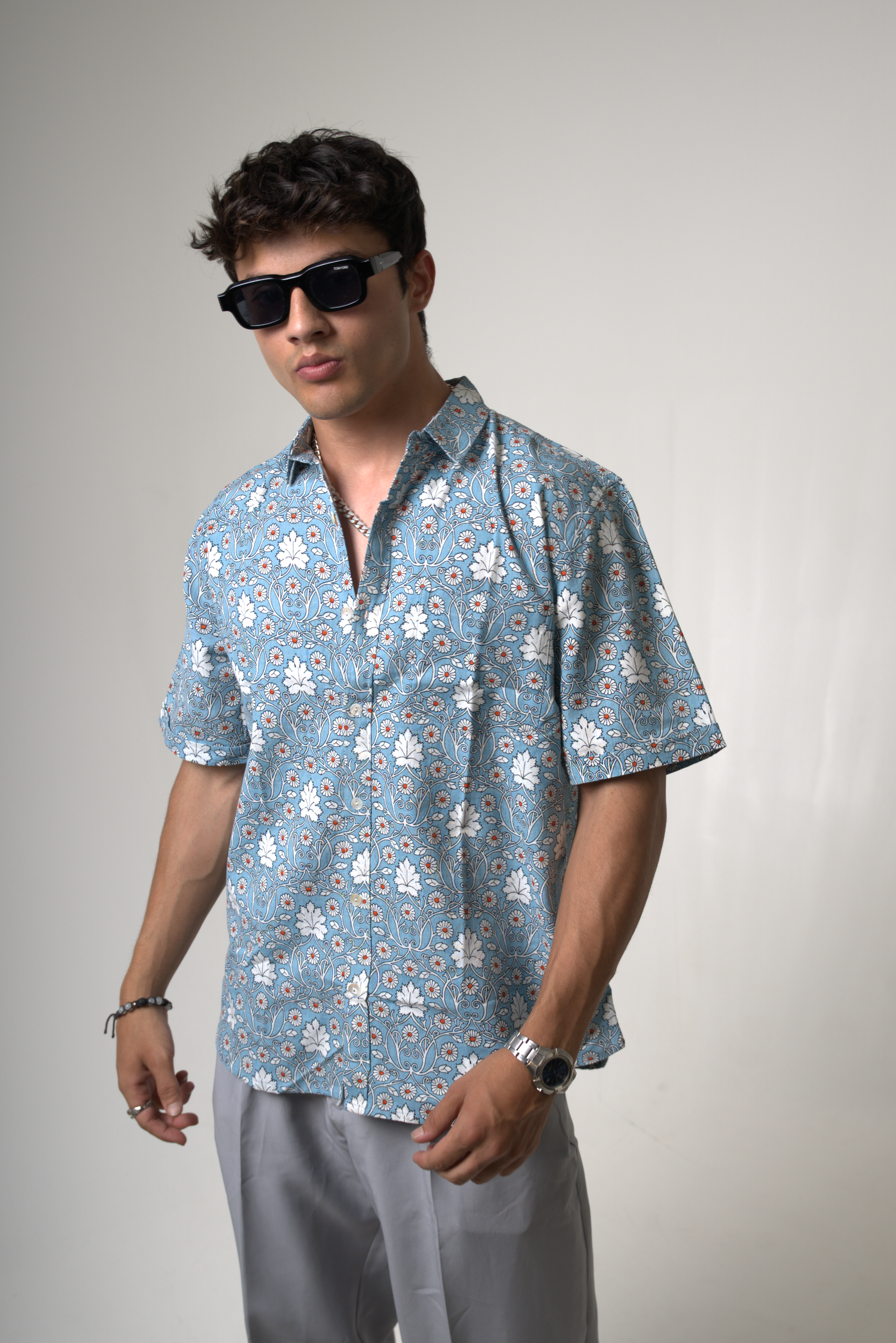 Vintage Sky Blue Floral Print Vacation Shirt dripkaar.com