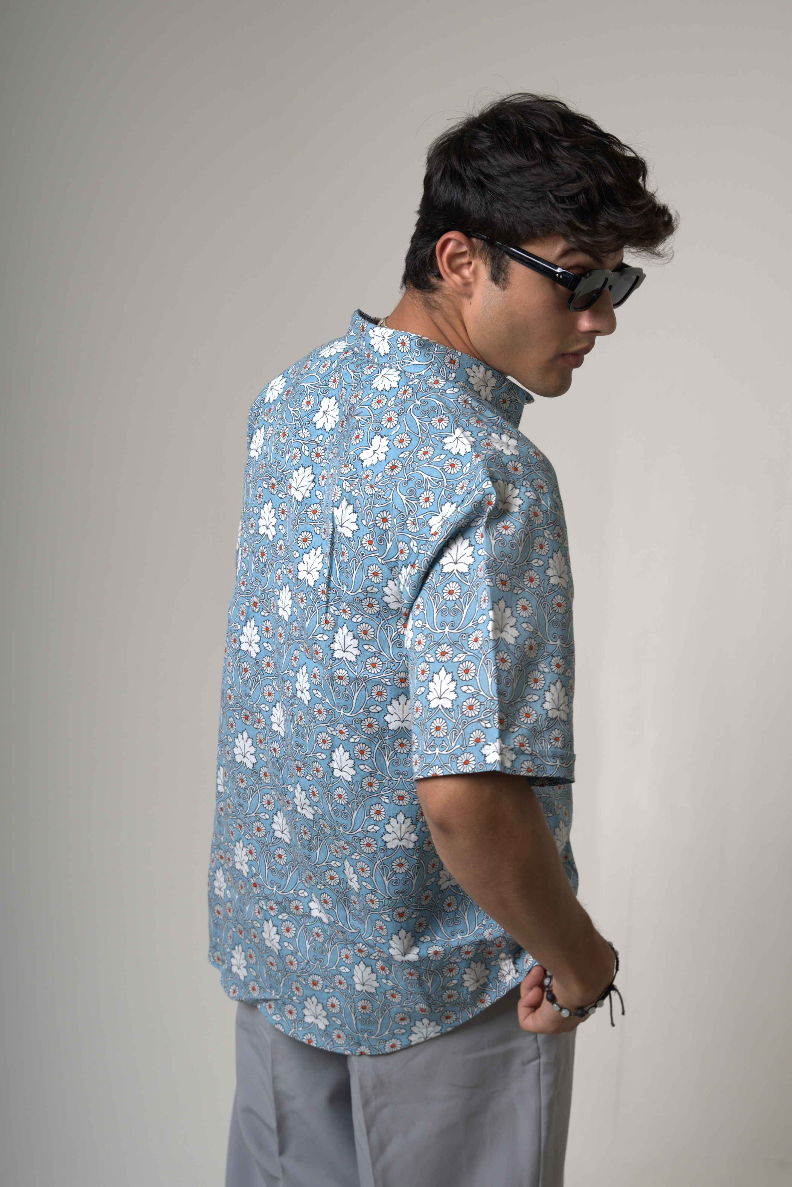 Vintage Sky Blue Floral Print Vacation Shirt dripkaar.com